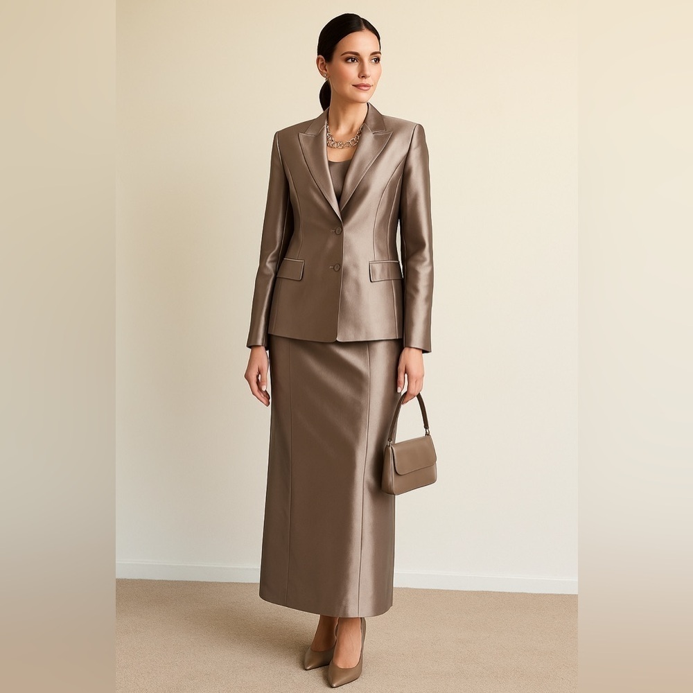 Vintage Silver elegant formal 2-piece skirt suit. Structured jacket. Size 6